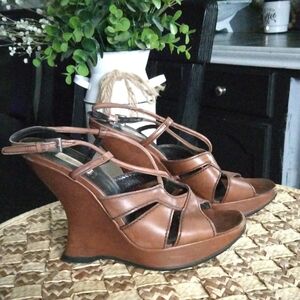 Prada Brown Leather Wedge Sandals